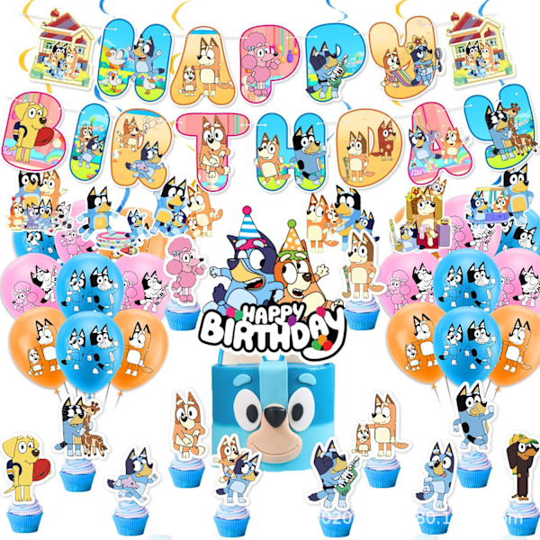 Bluey bursdagsfest flaggbannere, kakedekorasjoner, ballonger, bursdagsdekorasjoner
