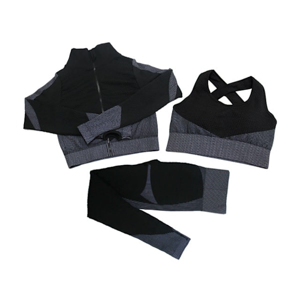 Yoga Set Långärmad Tröja+Sport-BH+Sömlösa Tights Träningskläder Löpning Gym Kläder 3 delar Grå färg L L 3pcs Gray color