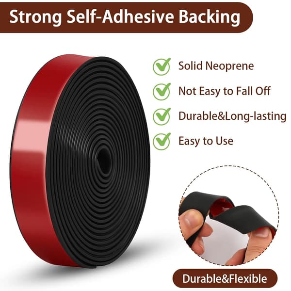 Neopren gummistrimmel med selvklæbende bagside, solid pakningsforsegling til håndværk DIY lagergulvforing, 1\" x 1/8\" x 115\" sort