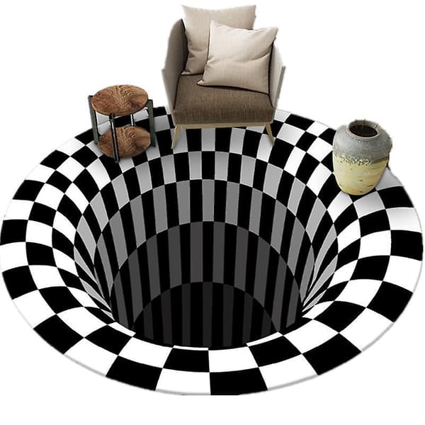 Sort/hvidt ternet rundt tæppe, 3D Vortex Illusion Tæppe, 3D Vortex Tæppe Soveværelse Stue, 80cm