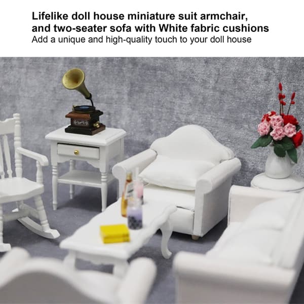 1:12 Dukkehus Mini Sofa Ren Hvit 3-Dels Sofagruppe Mini Stuemøbelmodeller Hvit