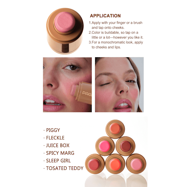 PAGE VINE Fickrouge Stick 6 Farger Leppe og Kinn Vannlys Stick Highlighter Lys Opp Naturlig Vannlys Hud 04-fleckle