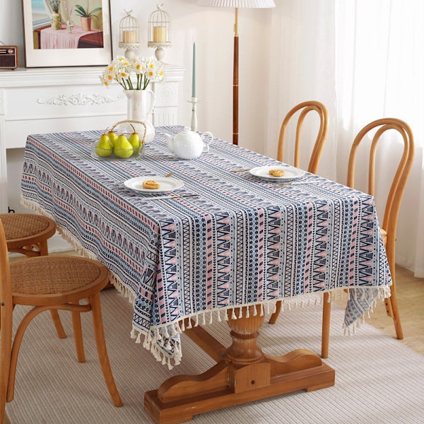Etnisk Stil Bordduk Polyester Bomull Bohemisk Pop Rektangulär Dammskyddande Bordduk Kaffebordsskydd Blå Rosa Pop Frans Blue Pink Pop tassel 140X140CM
