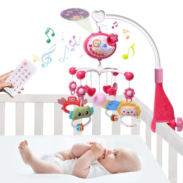 Crib Music Box with Timer Function, Projector and Lights, Hanging Rotating Rattle and Remote Control, 400 Melodies, Newborn Toy Red