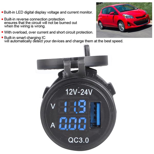 3-i-1 Bil 3.0 USB-lader med Digital Voltmeter Amperemeter Overvåking Hurtiglading for Telefon Blå