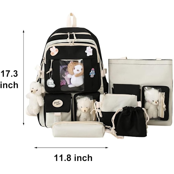 Canvas skoletaske kombination, kawaii skolepige skoletaske sort-WELLNGS black