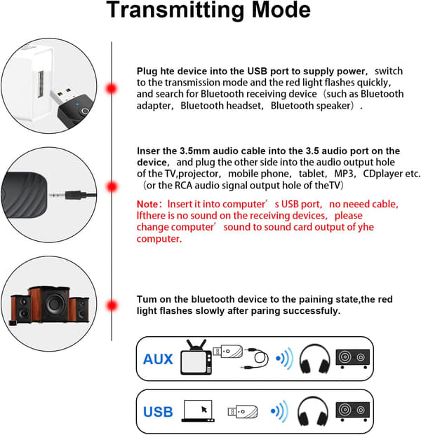 Bluetooth USB-adapter, 5.0 trådløs USB 3-i-1-sender og -modtager, med 3,5 mm jack Bluetooth Aux-bilsender fungerer til bil/TV/PC/lyd