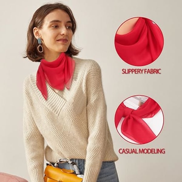 2 stk Kvinner Ensfarget Firkantet Chiffon Halsskjerf For Dame Retro 50-tall, Myk Lett Bandana Wrap, 65x65 cm (Rød)