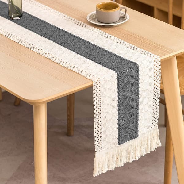 Bomullslinne Bordslöpare, Khakifärgad Boho Virkad Löpare, Modern Stri