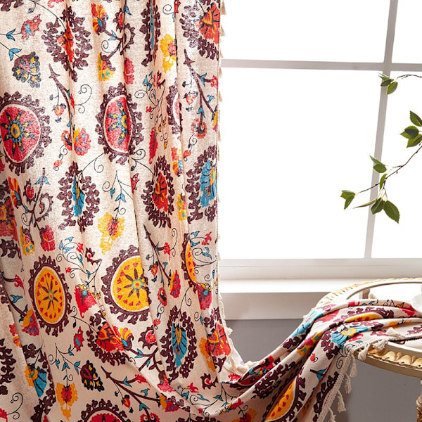 Bohemian Retro Gardin Etnisk Stil Bomullslin Bomullslin Tynn Vindu Dekorativ Boho Trykt Gardin Soverom Ferdiglagde Gardiner Øyeblikk Topp Grommet Top W140CMxH280CM 1PC