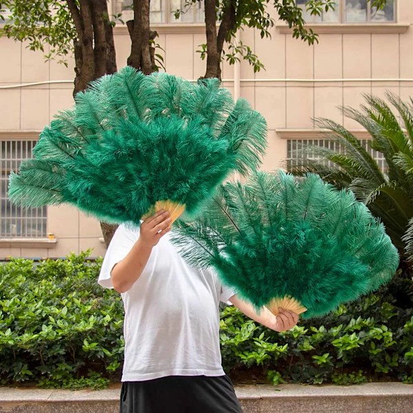 Læder lyserød struds fjer vifte til håndfoldning fjer vifte performance danse vifter fest scene karneval show rekvisitter 60/100cm mørkegrøn dark green 1 pc