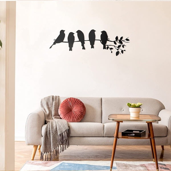 Metallfågel väggdekoration Löv och fågel Metallskulptur Fågel Silhuett Väggdekoration, svart, 40*13,2 cm