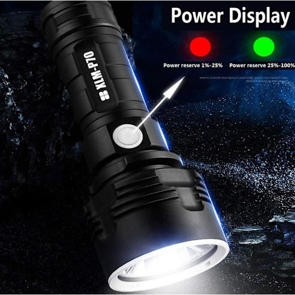 P70 LED-ficklampa för utomhusbruk, hög effekt, USB-laddningsbar, 26650, superljusstark, aluminium - 1 st