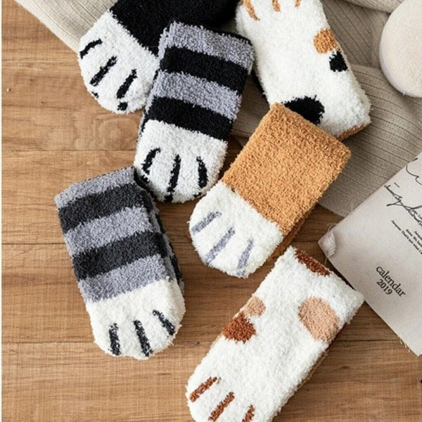6 par vintervarme, fluffy, søde kattepote-sokker i tyk fleece