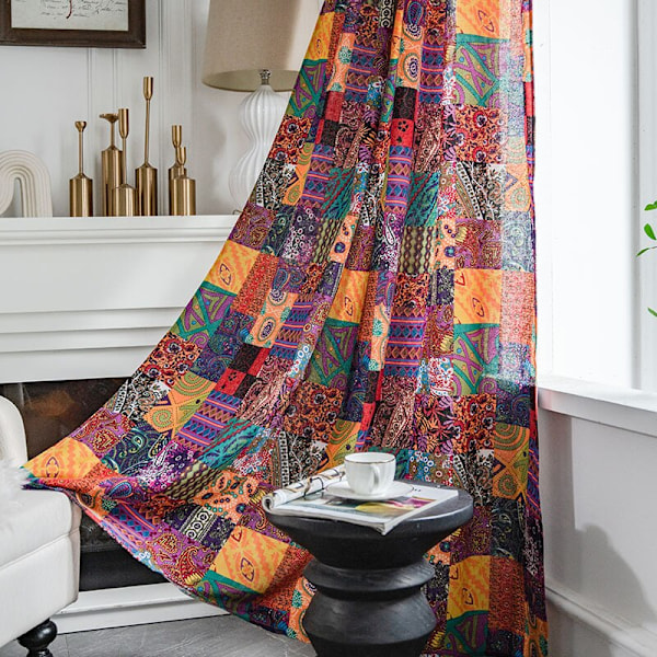 Bohemian Retro Gardin Etnisk Stil Bomullslin Bomullslin Tynn Vindu Dekorativ Boho Trykt Gardin Soverom Ferdiglagde Gardiner Henger Hook W132CMxH45CM 1PC