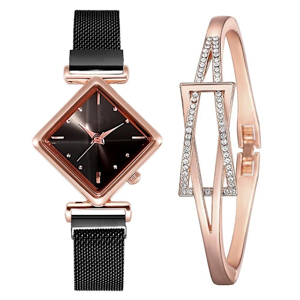 Magnetarmbåndsursett for kvinner, Firkantet armbånd for kvinner, Quartz Black Set
