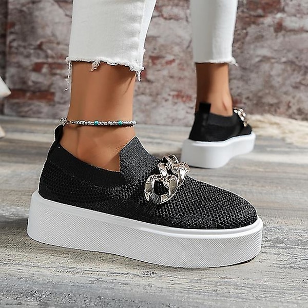 Dam sneakers vardagliga kilklack rund tå minimalism mesh loafer enfärgad svart vit khaki Vit White 38