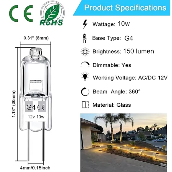 20-pakke G4 halogenpærer 10W 12V - Varmt hvitt