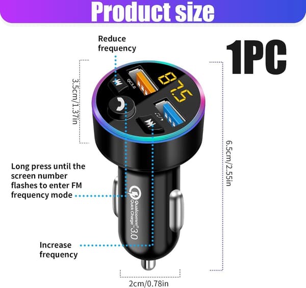 Bluetooth FM-sender til bil med dobbelt USB-hurtigoplader, LED-display og håndfri opkald, radioadapter til 12V/24V køretøjer, sort