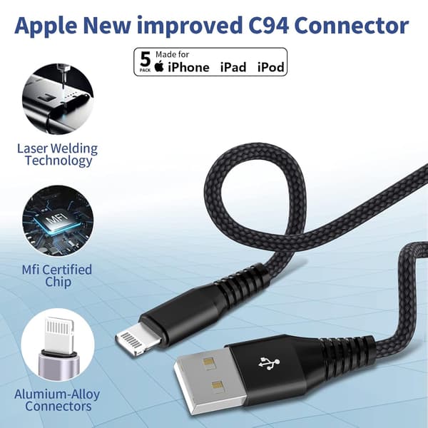 5-pakning kort Lightning-kabel (20 cm). iPhone hurtigladekabel USB