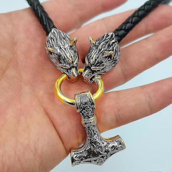 Ruostumaton teräs Viikinki Susi Pää Kaksivärinen Thorin Vasara Riipus Nahkainen Ketju Miesten Kaulakoru Korut (Teräs, 45cm)