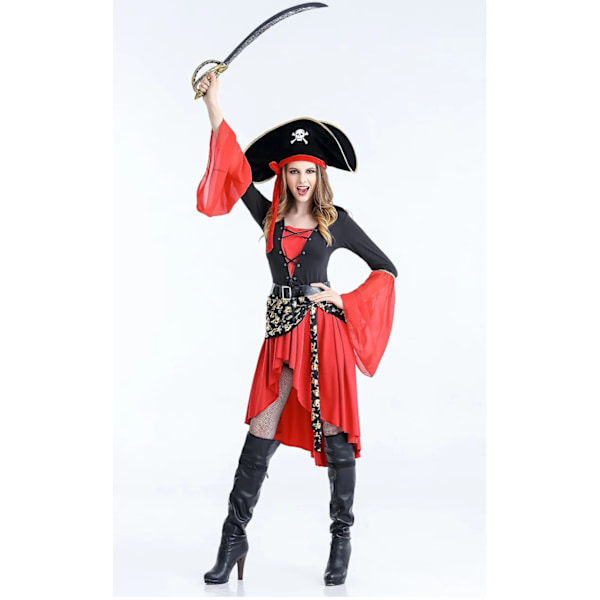 Kvindes Caribbean Pirate Captain Kostume Halloween Cosplay Outfit Gothic Jack Depp Fancy Role Play Polyester Rojo L