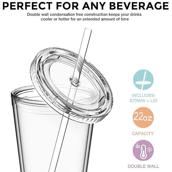 Dubbelväggig plastmugg med lock och sugrör, isolerad kaffemugg, 500 ml, transparent