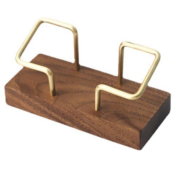 Visitkortholder Stativ Træbase med Messing Display Clips til Kontorbord Disk Valnød Farve 11 x 5 cm