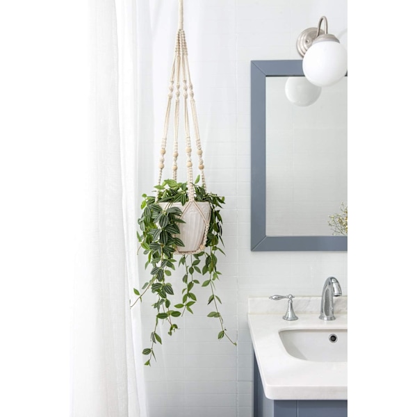 Set med 1 (KRUKOR ingår EJ) Växthängare Inomhus Hängande Planteringskorg med Träpärlor Dekorativ Blomkrukshållare Utan Tofsar för Inomhus Utomhus Boho