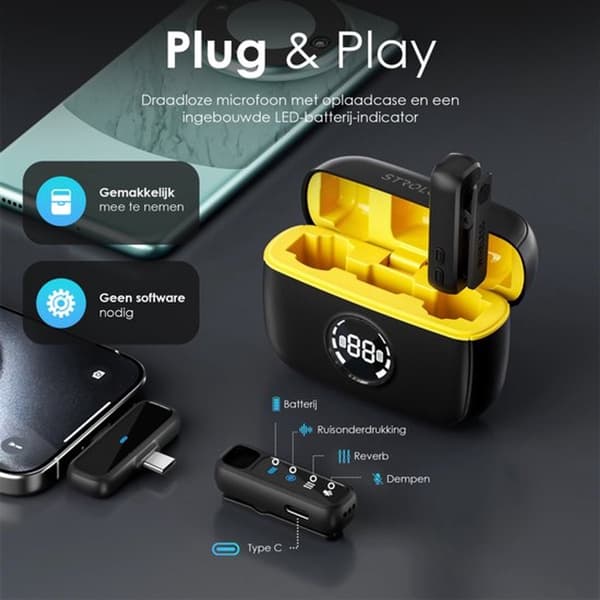 Trådlös myggmikrofon 2-pack med laddningsfodral, brusreducerande lapelmikrofon för iPhone USB-C, Plug and Play för vlogging