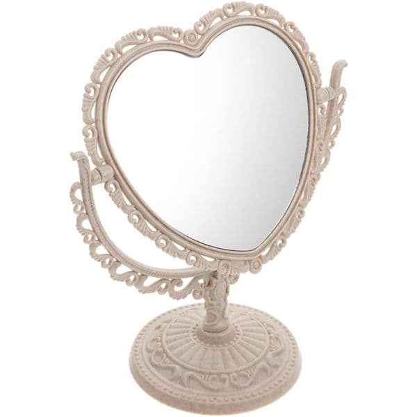 Simple and Beautiful Heart-Shaped Plastic Cosmetic Mirror, Double-Sided Rotatable Vanity Mirror, Lightweight Mirror, Bathroom Mirror (White)