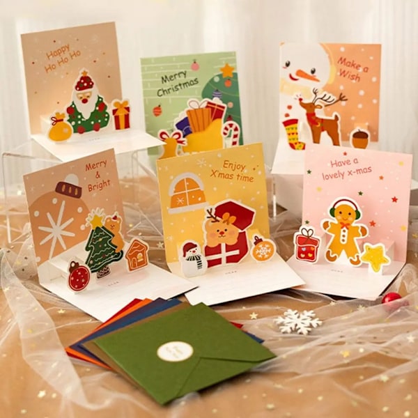 6-Pack Christmas Greeting Cards 3D Pop-up Santa with Envelope Stickers Postcards for Snowman Clear Party