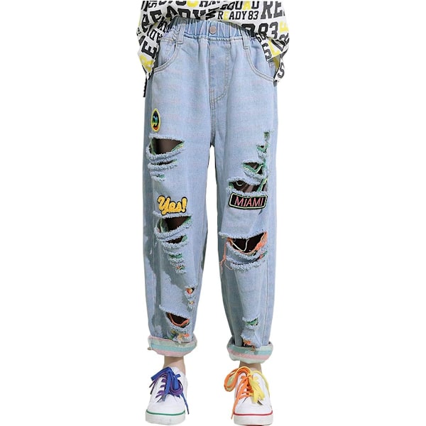 okado 4-14 Years Kids Girls Jeans Smile Print Colors Ripped Ripped Denim Pants Elastic Waist Baggy Pants