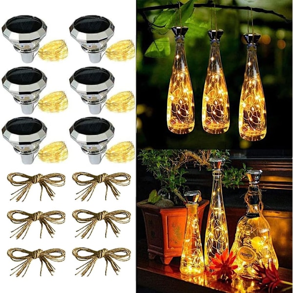 6-pakning 20 LED 2m solcellelamper for flasker (6 stk. varme), solcellelamper for flasker med LED-lyssløyfe, diamant, solcellebelysning