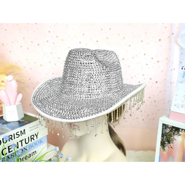 Cowboyhatt for brud, cowboyhatt for kvinner og menn, glitterkostyme, romhatt, cosplayfest, Halloween-kostyme, egnet for fest, musikkfestival (rosa) White