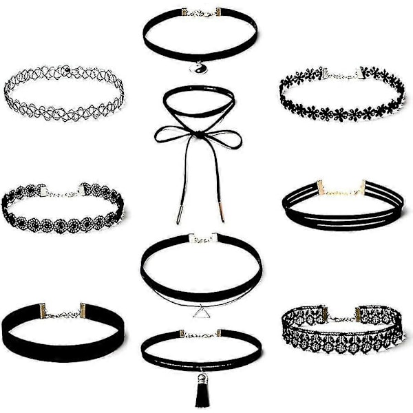 Choker Halskjede Svart 10 stk Fløyel Chokers Svart, Svart Klassisk Gotisk Choker