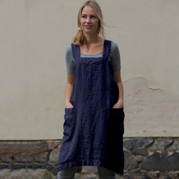 XL Bomull Linne Förkläde för kvinnor Cross Back-Mörkblå