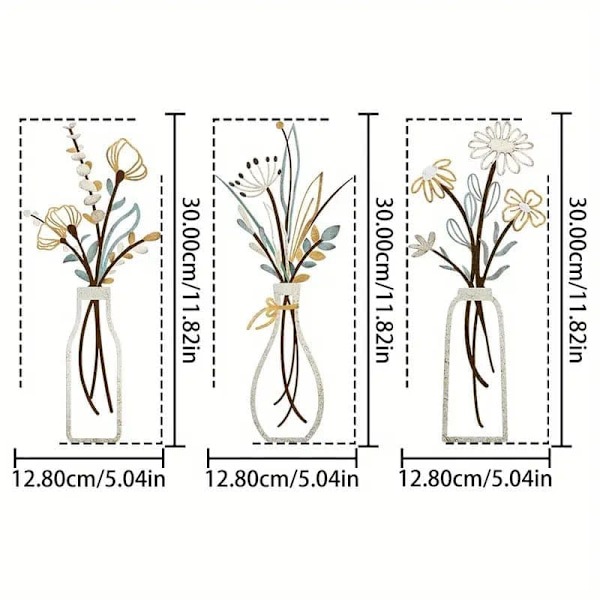 3-pack Metallblommor Väggdekoration – Rustik Väggprydnad för Vardagsrum, Sovrum & Badrum