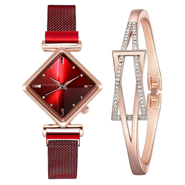 Magnetarmbåndsur sæt til kvinder, Firkantet armbånd til kvinder, Quartz Red Set
