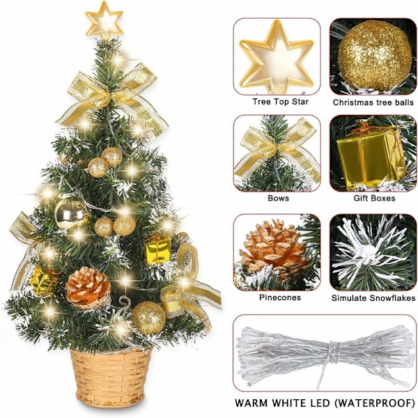 Miniatyr Konstgjort Julgran, Liten Julgran med LED-lampor, Mini Skrivbordsdekoration för Kontor, Barer 40cm, Guld