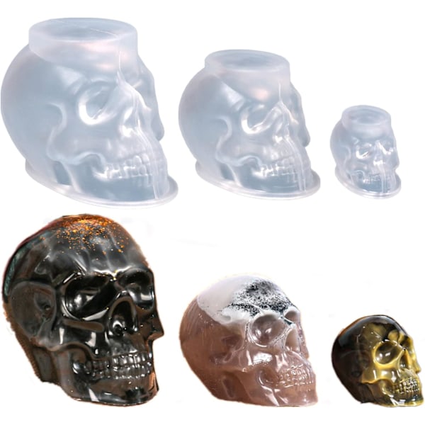 Skalle Gjutform Silikon, 3-pack (Stor+Medium+Liten) Silikon Skalle Ljusformar Kit för Epoxiharts, Ljus, Isbitar, Wa