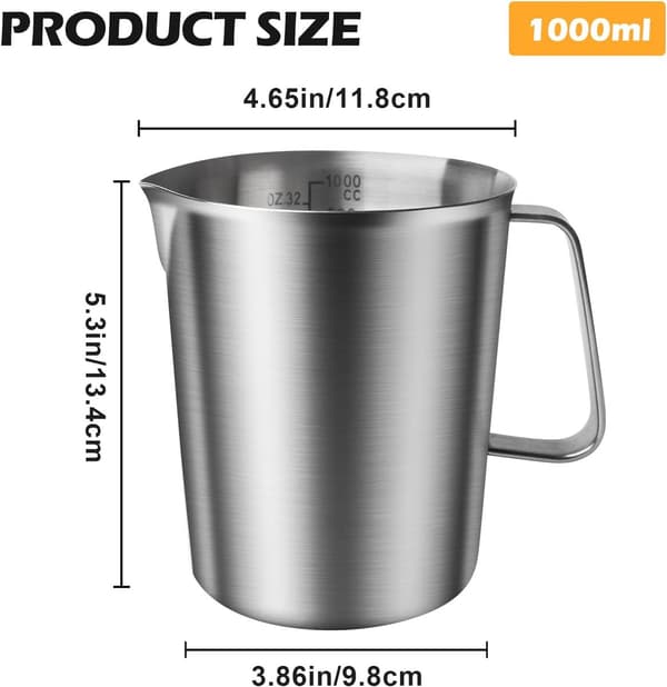 Målekop, 1 liter, rustfrit stål, med hældetud, til mælk og latte, sølv