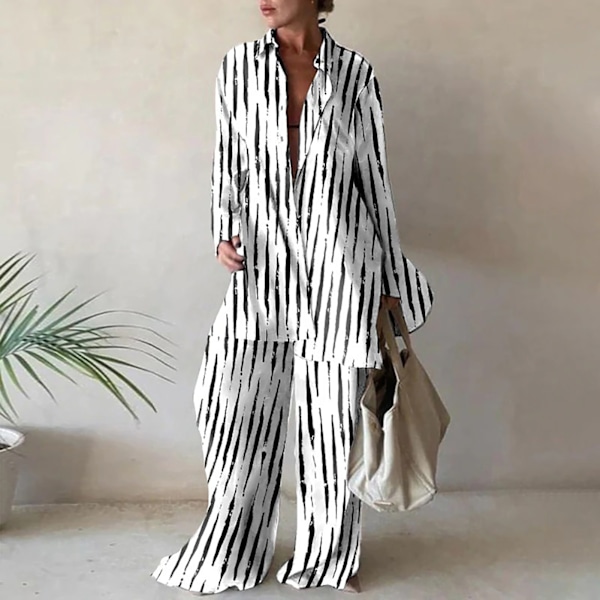 Damesett med topp og bukser, dampet skjorte med lange ermer og vide bukser for daglig bruk på jobb, stripet stripe l