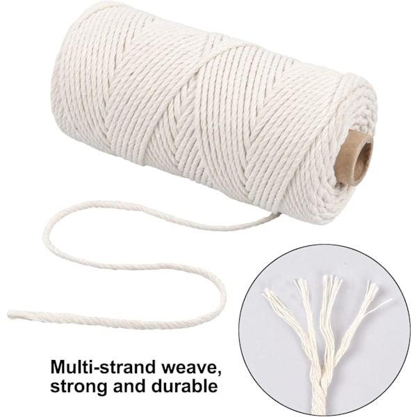 100M Hvidt Makramé Bomuldsreb, 3mm Jute Bomuldsgarn, Bomulds Makramétråd, Snoregarn, Flettet Reb Garn til Gaveindpakning Strikning Dekoration