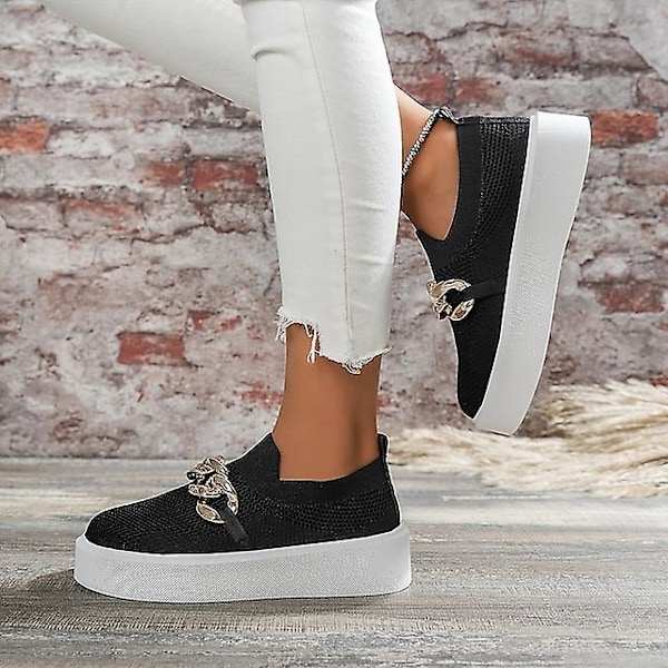 Damesko sneakers daglig kilehæl rund tå minimalisme mesh loafer ensfarget svart hvit khaki Black Black 41