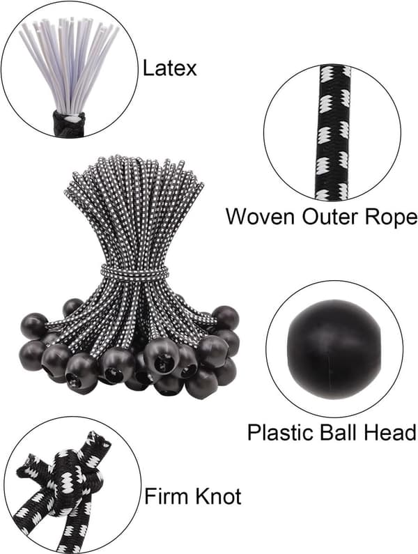 50 stk - 6 \" - Elastisk tau - Elastisk snor - Strammelastikk - Strammesnor - Ballstrikker