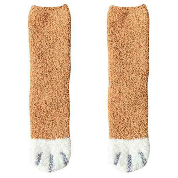 Plushstrumpor för kvinnor, varma strumpor, vinter, söta kattpottar, sovstrumpor Flat yellow