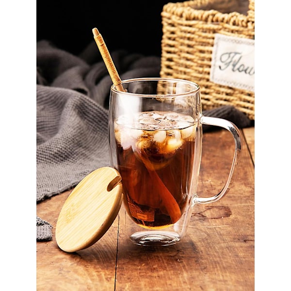 Dubbelväggiga kaffemuggar i glas med trälock, 2 st/set, isolerade klara espressokoppar