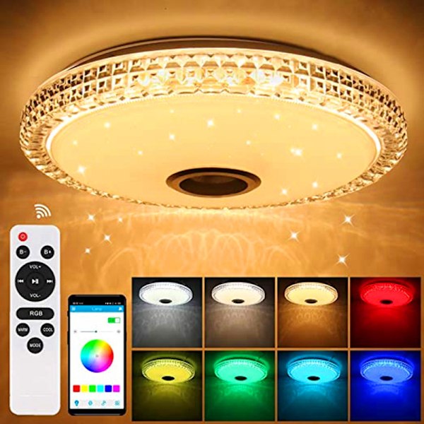 36W Kristall LED-taklampe med Bluetooth-høyttaler, fjernkontroll/APP-styring