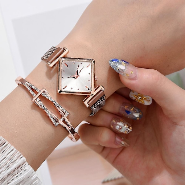 Magnetarmbåndsur sæt til kvinder, Firkantet armbånd til kvinder, Quartz Blue Set